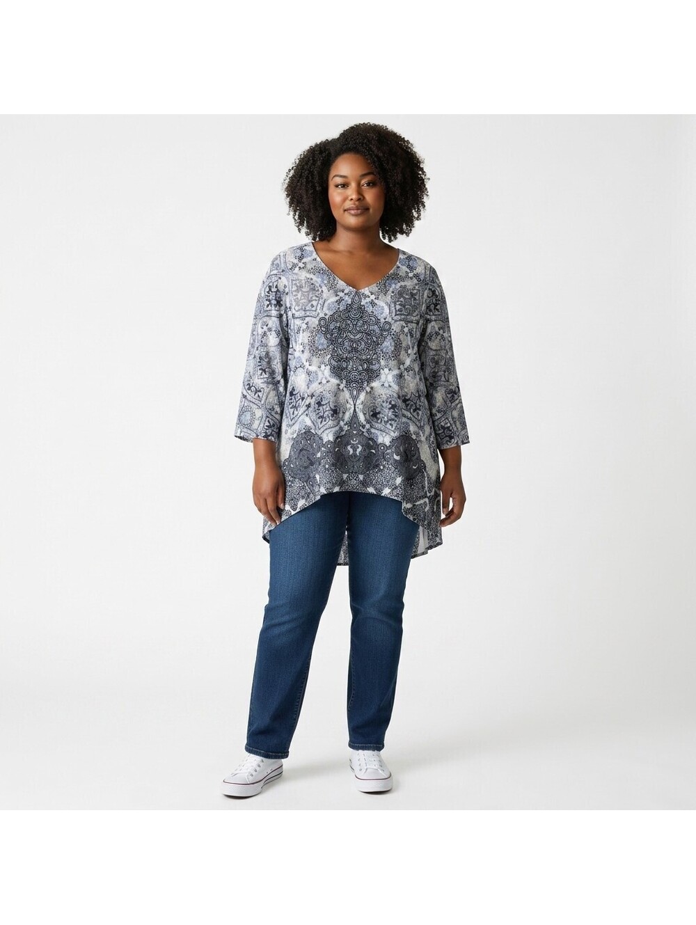 Live And Let Live Blouse Women 2X Plus Gray Geometric 3/4 Sleeve V-Neck Casual